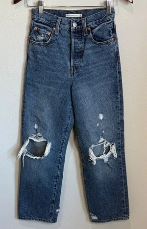Levis 501 Faded Distressed Ribcage Straight Ankle Jeans Inseam 27" Size 24 thumbnail 1