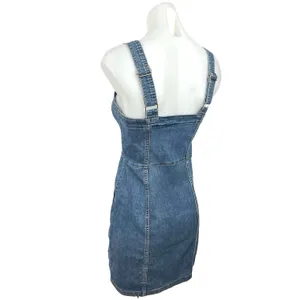 H&M Blue Denim Square Neck Sleeveless Button Mini Overalls Jumper Jean Dress 4 thumbnail 2