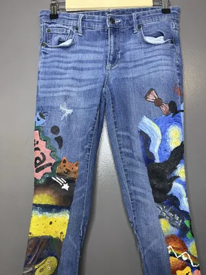 Gap Jeans Hand Painted Women 2 Medium Wash Blue Mid Rise Flare Unicorn Art thumbnail 1