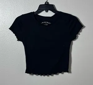 Aero Women Black Ribbed Shrunken Ruffle‎ Hem Cropped Tee size S thumbnail 1