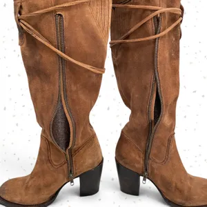 Freebird by Steven Brock Boots Brown Tan Suede Tall Heel Leather OTK Fall Boho 9 thumbnail 3