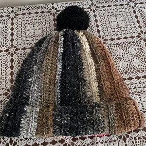 Handmade Hand Crocheted Ladies Hat Cap Beanie Black Brown Pink One Size Warm Winter Wear thumbnail 1