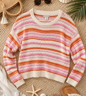 Sincerely Jules Striped Open Knit‎ Sweater Pink Orange Cream Size Small thumbnail 1