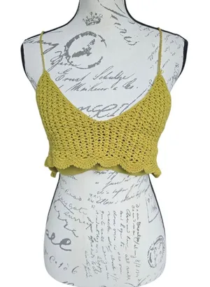 Free People -363‎ Intimately Citron Tie Back Crochet Knit Crop Top Size M thumbnail 1