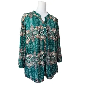 Green, Cream & Brown Long Sleeve Relaxed Fit Lightweight Button Front Blouse thumbnail 5