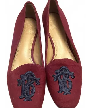 Tory Burch Burgundy Suede Loafers with Embroidered Logo thumbnail 1