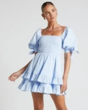 Showpo Chelle Shirred Mini Dress Tie Sleeve 8 Ice Blue Smocked Ruffle Cotton thumbnail 1