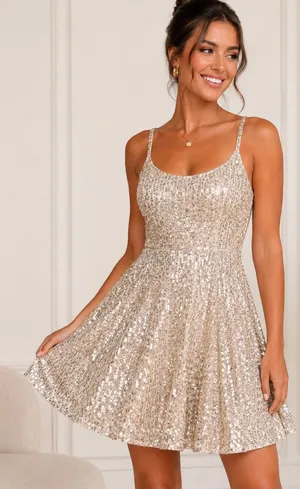 Morgan & Co Champagne Sequin Fit & Flare Party Dress Size 13 Homecoming Cocktail thumbnail 1