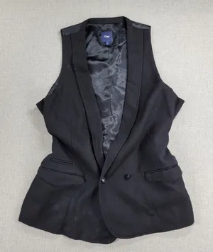 Gap Womens Vest Large Black Wool Blend Plunging Neck Waist Tie Double Breasted thumbnail 1