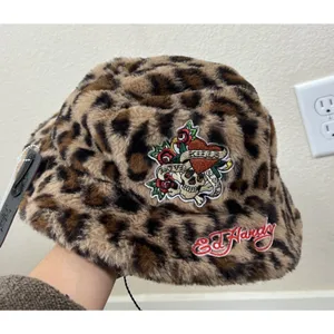 Ed Hardy NWT Leopard Bucket Hat Faux Fur Sherpa Skull Heart Embroidered Y2K OS thumbnail 5