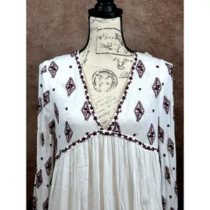Free People Embroidered Diamond Top Mini Dress Cream Burgundy size S thumbnail 9
