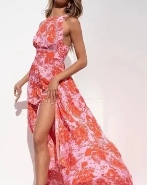 Anthropologie NWT Abel The Label ATL Rumi Candy Florals‎ Maxi Dress Halter Pink Orange S thumbnail 1