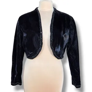 Vintage Black Velvet Bolero Cropped Jacket Beaded Trim Open Front Evening Shrug thumbnail 1
