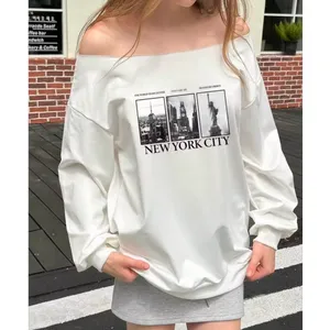 Shein Women’s XS White NYC Graphic Sweatshirt Off Shoulder Times Square Liberty thumbnail 6