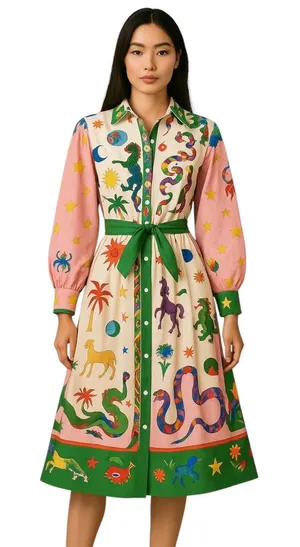Women's Multicolor Graphic Long Balloon Sleeve Belted Maxi Shirt Dress Size XXL thumbnail 1