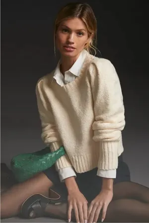Anthropologie Maeve Cream Puff Sleeve Crew Neck Sweater thumbnail 1