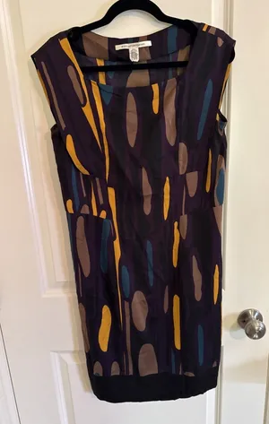 DVF Diane von Furstenberg Samuella Traveler prune silk shift purple yellow Sz 6 thumbnail 1
