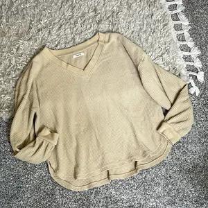 Madewell waffle knit tan sweater curved hem large thumbnail 1