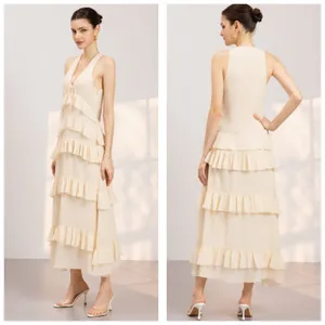 Zara Chiffon Ruffled Cream Midi Dress 4772/314 NWT Size Small Boho Romantic thumbnail 16