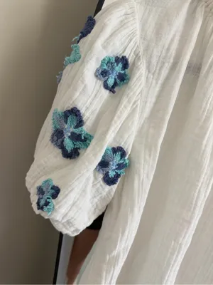THML White Peasant Blouse with Blue & Teal Floral Embroidery thumbnail 3