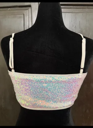 SHEIN iridescent white strappy sequin crop with bag - Size Small. Gently warn & great used condition. embellishments for a sparkly look. Measurements approximately 14.5” from armpit to armpit not fully stretched out x 6” long. Non-smoking home. priced to sell at as is condition. Don’t like my price, make reasonable offer! And thank you for checking my closet. thumbnail 2
