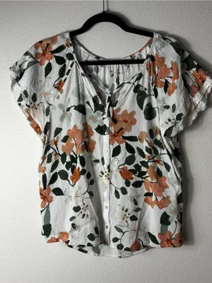 Lovestitch Floral Tie Neck Button Front Blouse Flutter Sleeve L thumbnail 1