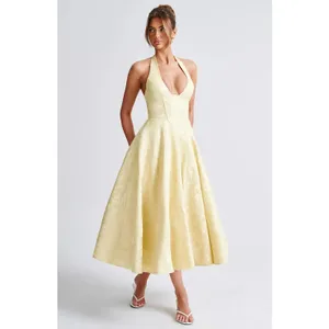NWT Babyboo Effie Lemon Yellow Floral Jacquard Halter A-Line Midi Dress Size S thumbnail 6