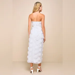 NWOT Lulus Posh Appearance White 3D Floral Applique Strapless Midi Dress L thumbnail 3