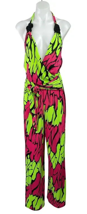 Touch Me Green Pink Retro Abstract Halter Plunge Sleeveless Wide Leg Jumpsuit L thumbnail 1