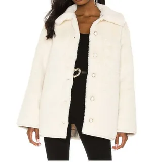 Lovers Friends Natalia Faux Fur Reversible Jacket Ivory Teddy Tan Plaid Coat XS thumbnail 1