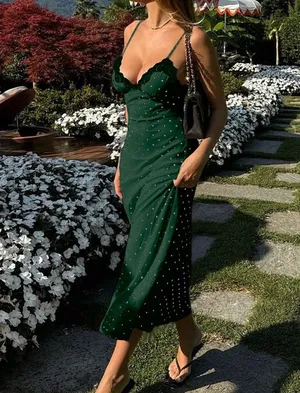 Dark Green Polka Dot Lace Spaghetti Strap Maxi Dress thumbnail 3