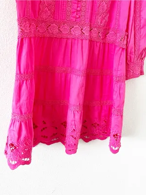 Alice + Olivia Clark Pink Embroidered Crochet Lace Tiered Mini Dress thumbnail 6