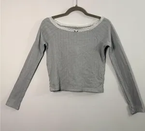 Aeropostale Women’s Small Gray Ribbed Pointelle Lace Long Sleeve Crop Top thumbnail 1