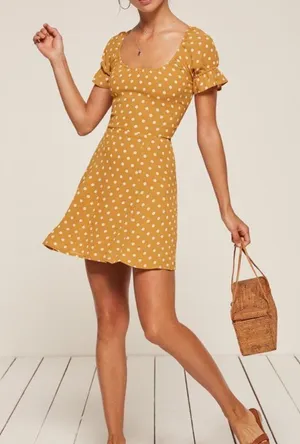 Reformation yellow white polka dot Arlene dress size 10 thumbnail 1