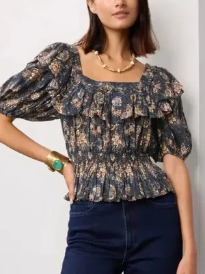 Ulla Johnson‎ Blue Brown Floral Tiered Puff Sleeve Top thumbnail 1