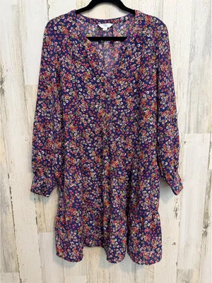 Time and Tru Floral Tiered Dress Women’s L 12-14 Long Sleeve Navy Boho thumbnail 2