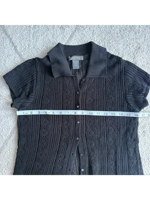 Banana Republic Y2K Black Pointelle Knit Polo Button Front Top thumbnail 4