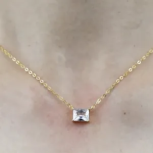 NEW Minimalist Gold Necklace with Simulated‎ Diamond Emerald Cut Pendant, 16-18” thumbnail 5
