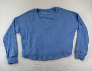 Hollister M‎ Blue Fuzzy V-Neck Ribbed Knit Sweater Long Sleeve Soft Cropped thumbnail 1