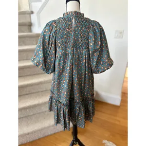 Tyler Böe Blue & Brown Leopard Print Smocked Puff Sleeve Ruffle Dress thumbnail 4