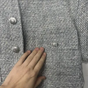 LOFT Womens Large Gray Tweed Cropped Jacket Short Sleeve Button Front thumbnail 5