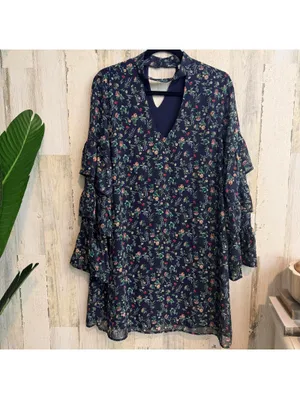 Le Lis Navy Floral Chiffon Ruffle Sleeve Keyhole Mini Dress Large thumbnail 2