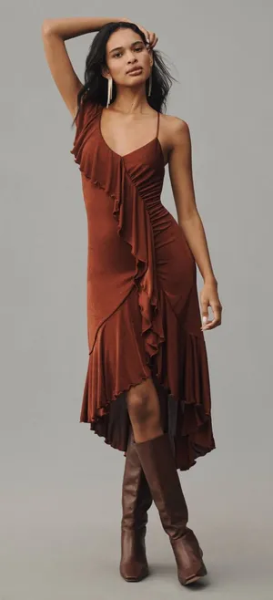 Anthropologie One-Shoulder Ruffled High-Low Midi Dress in Brown thumbnail 1
