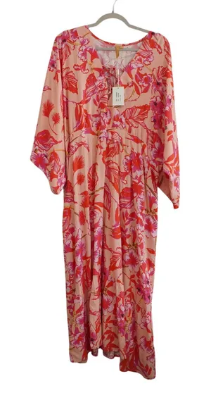 Onshore Pink Floral V-Neck Flowy Maxi Dress Kaftan Resort Pool Vacation One Size thumbnail 1