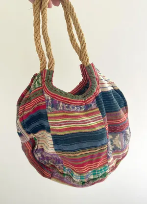 Patchwork Quilt Rope Fabric Shoulder Bag Red thumbnail 1