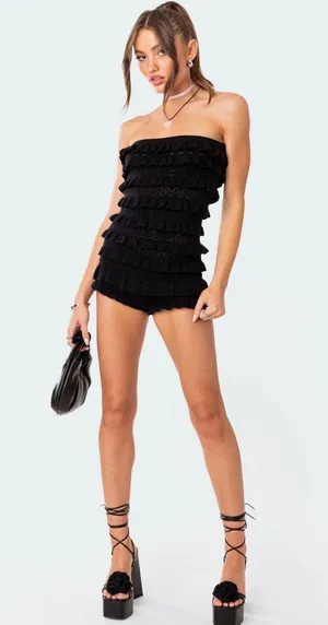 Edikted Black Ruffle Knit Romper thumbnail 1