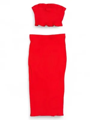 Lulus Red Ribbed Midi Tube Top Skirt Set thumbnail 2