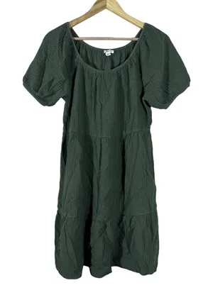 Beachlunchlounge Tiered Solid Mini Dress Green Boho Gauze Puff Sleeve Size M thumbnail 1