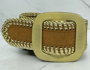 Brown Faux Suede Stretch Belt Metallic Gold Lacing Large/XL (L/XL) ✨ thumbnail 1