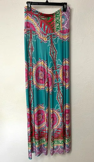 Pleated Blue and Pink Medallion Print Maxi Wide Leg Pants for Resort Wear thumbnail 1